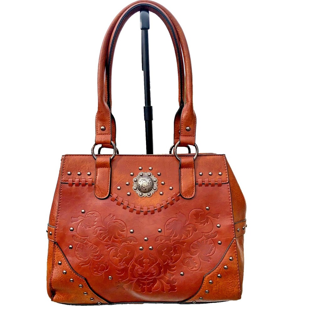 LAVAWA Purse Western Concealed Carry Tote Brown Embossed Floral Studs Concho CCW